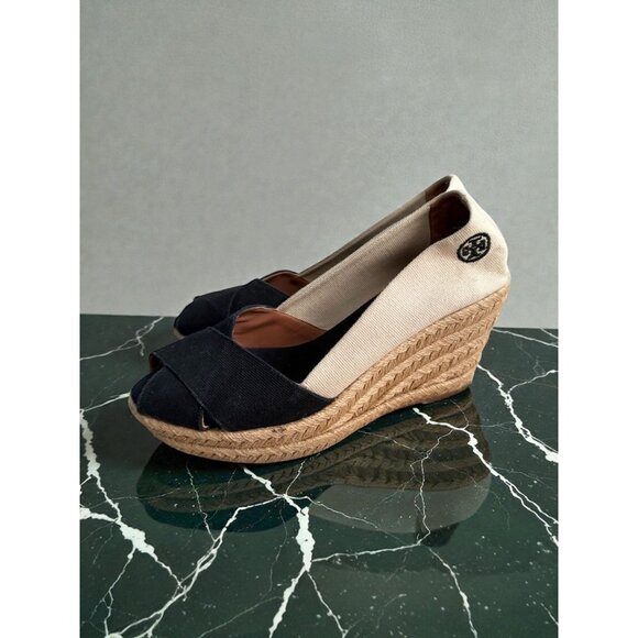 TORY BURCH Beige Black Canvas Logo Peeptoe Wedges Espadrilles Size 8.5 - Picture 3 of 12